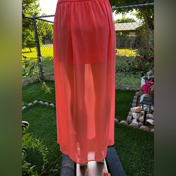 WOMENS SMALL UNDER SKIES ORANGE CORAL SHEER DOUBLE HIGH SIDE SLIT SIDE ZIP SKIRT - Picture 3 of 8